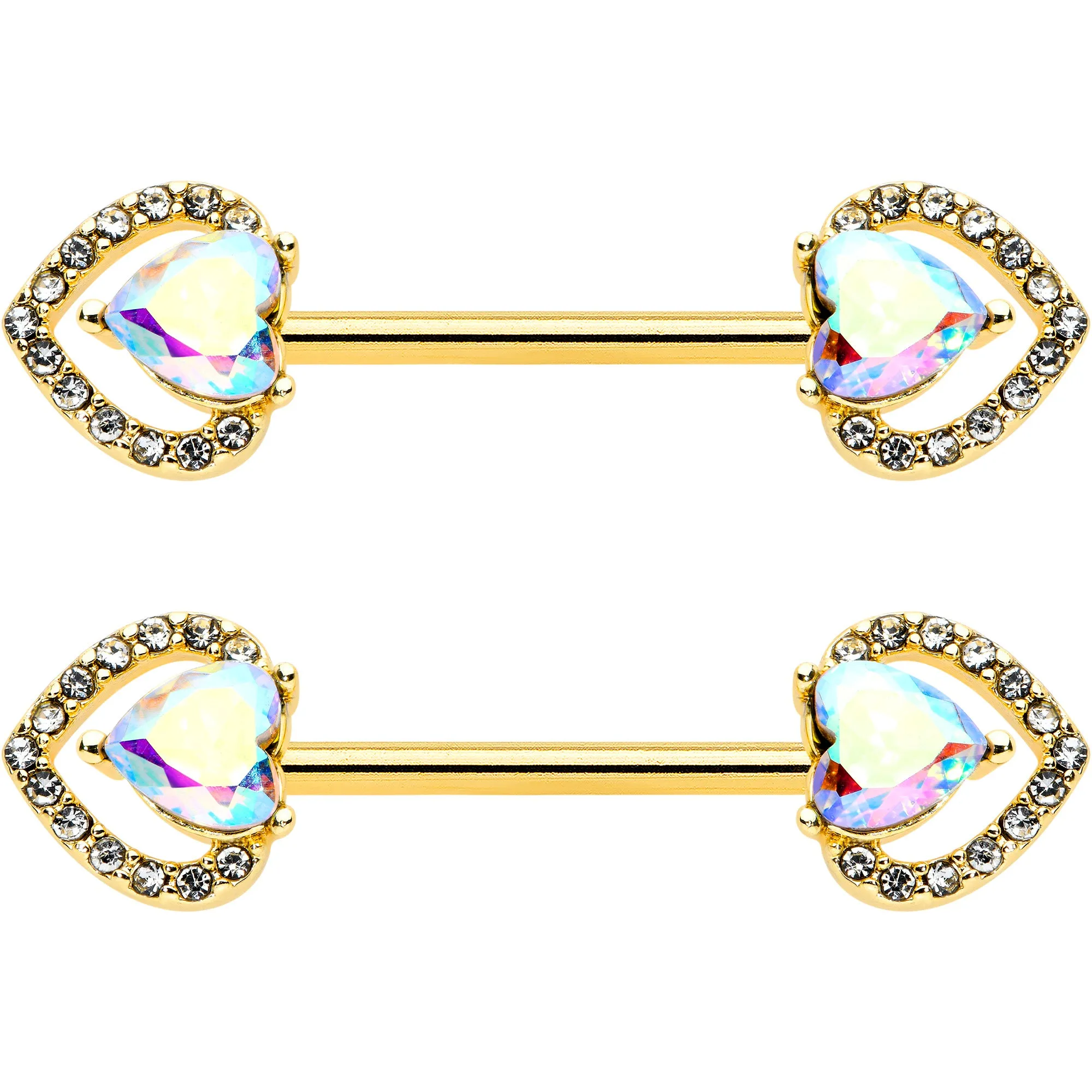 14 Gauge 9/16 Aurora Gem Gold Hue Rococo Heart Barbell Nipple Ring Set