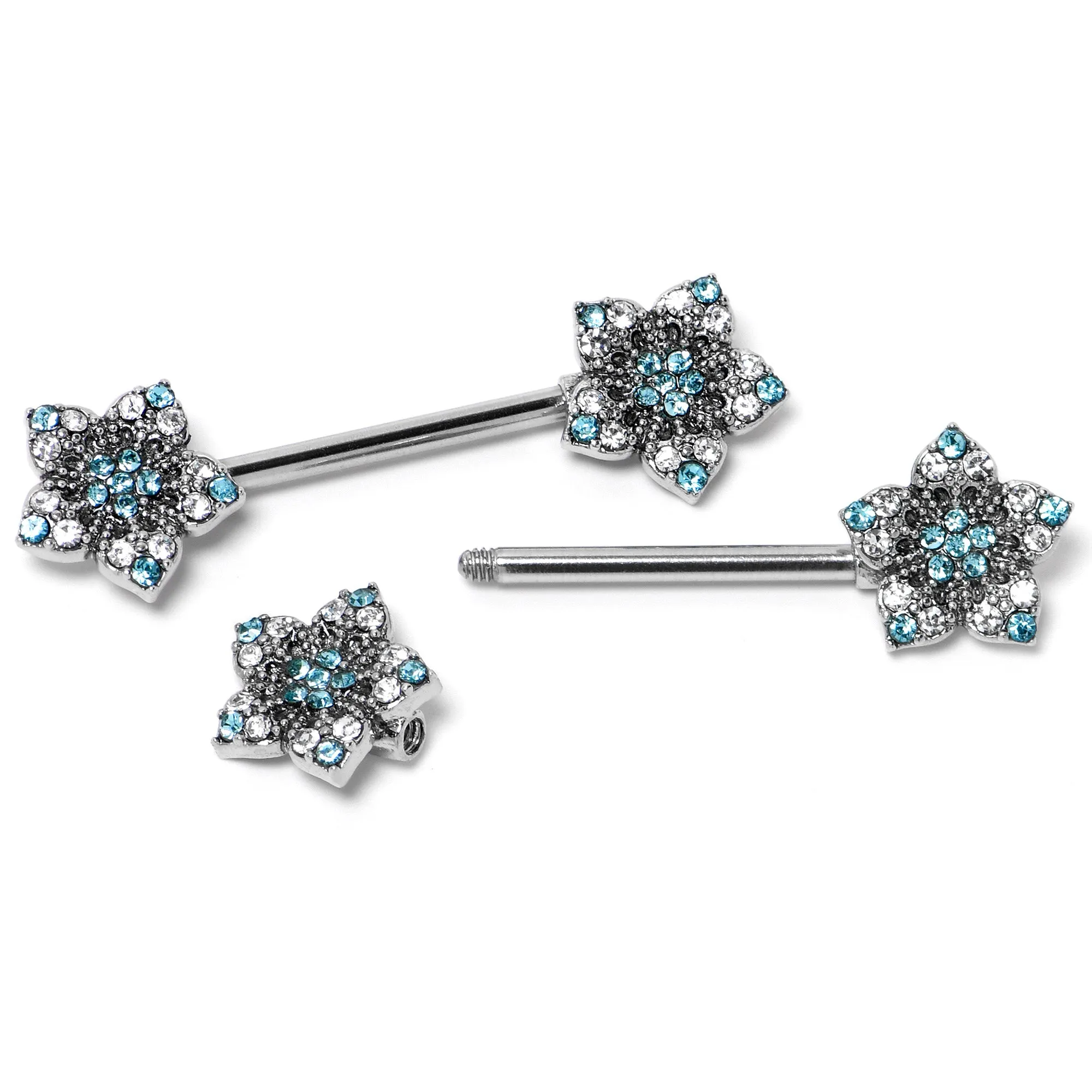 14 Gauge 9/16 Blue Clear Gem Opulent Flowers Barbell Nipple Ring Set