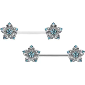 14 Gauge 9/16 Blue Clear Gem Opulent Flowers Barbell Nipple Ring Set