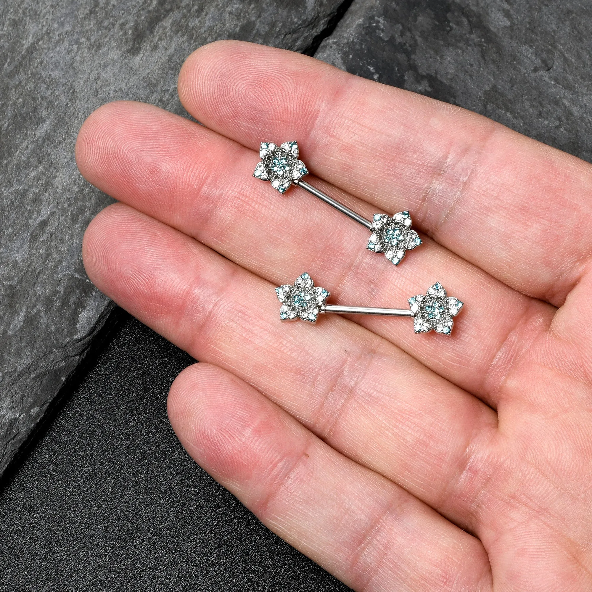 14 Gauge 9/16 Blue Clear Gem Opulent Flowers Barbell Nipple Ring Set