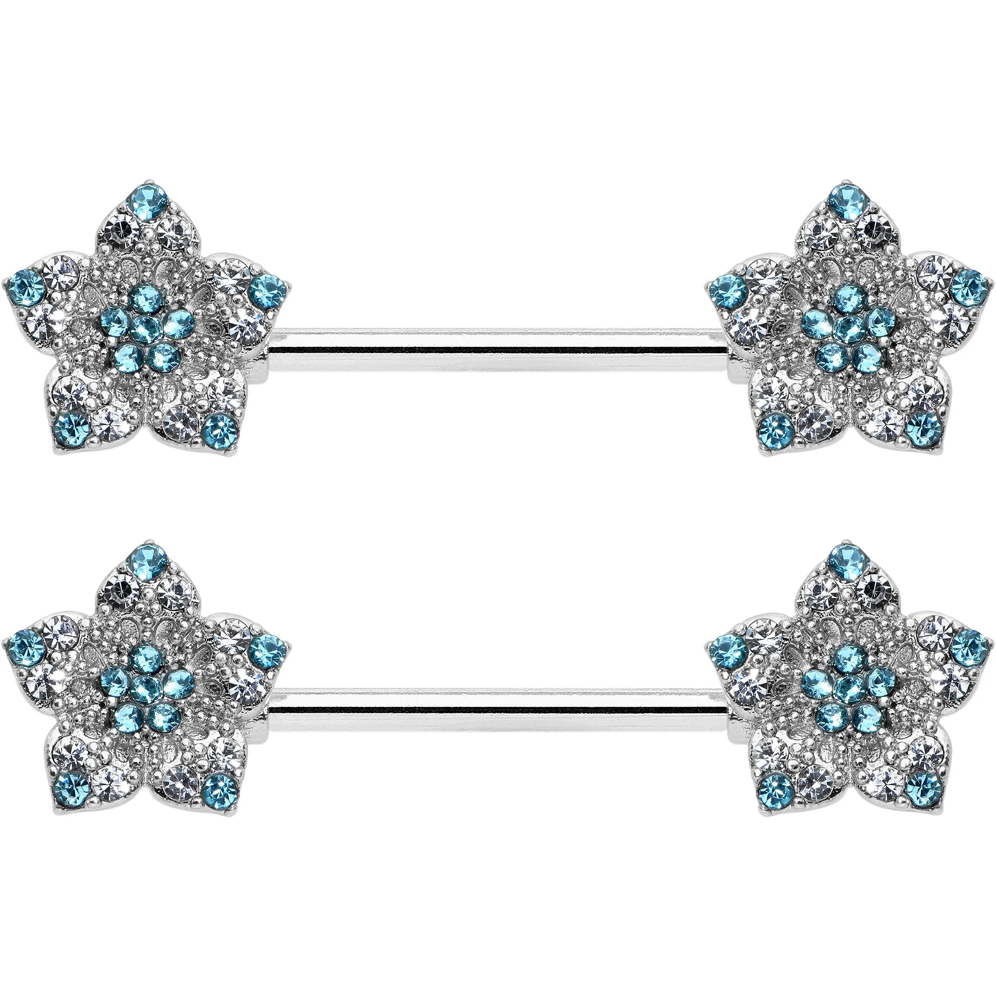 14 Gauge 9/16 Blue Clear Gem Opulent Flowers Barbell Nipple Ring Set