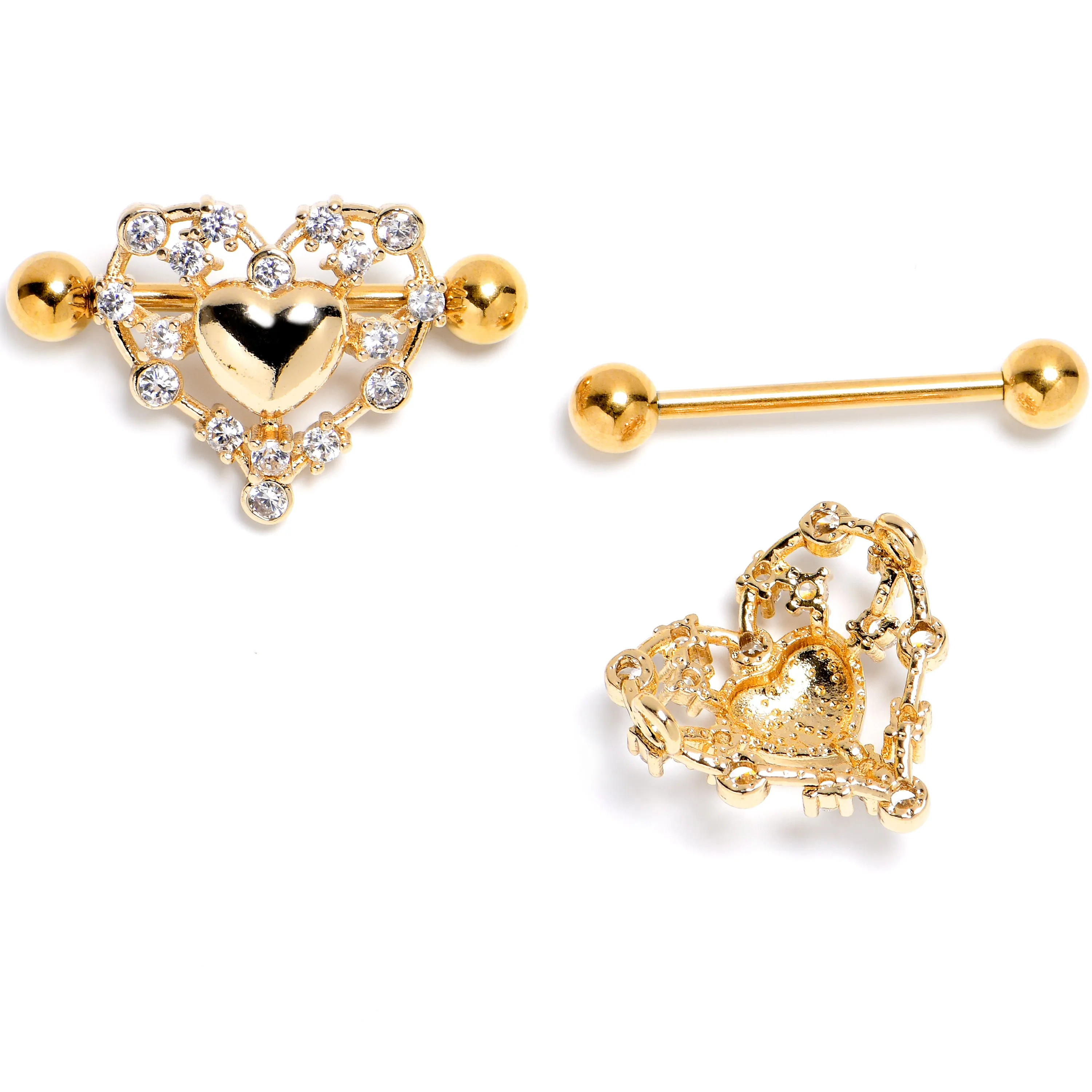 14 Gauge 9/16 Clear CZ Gem Gold Tone Heart Duo Nipple Shield Set