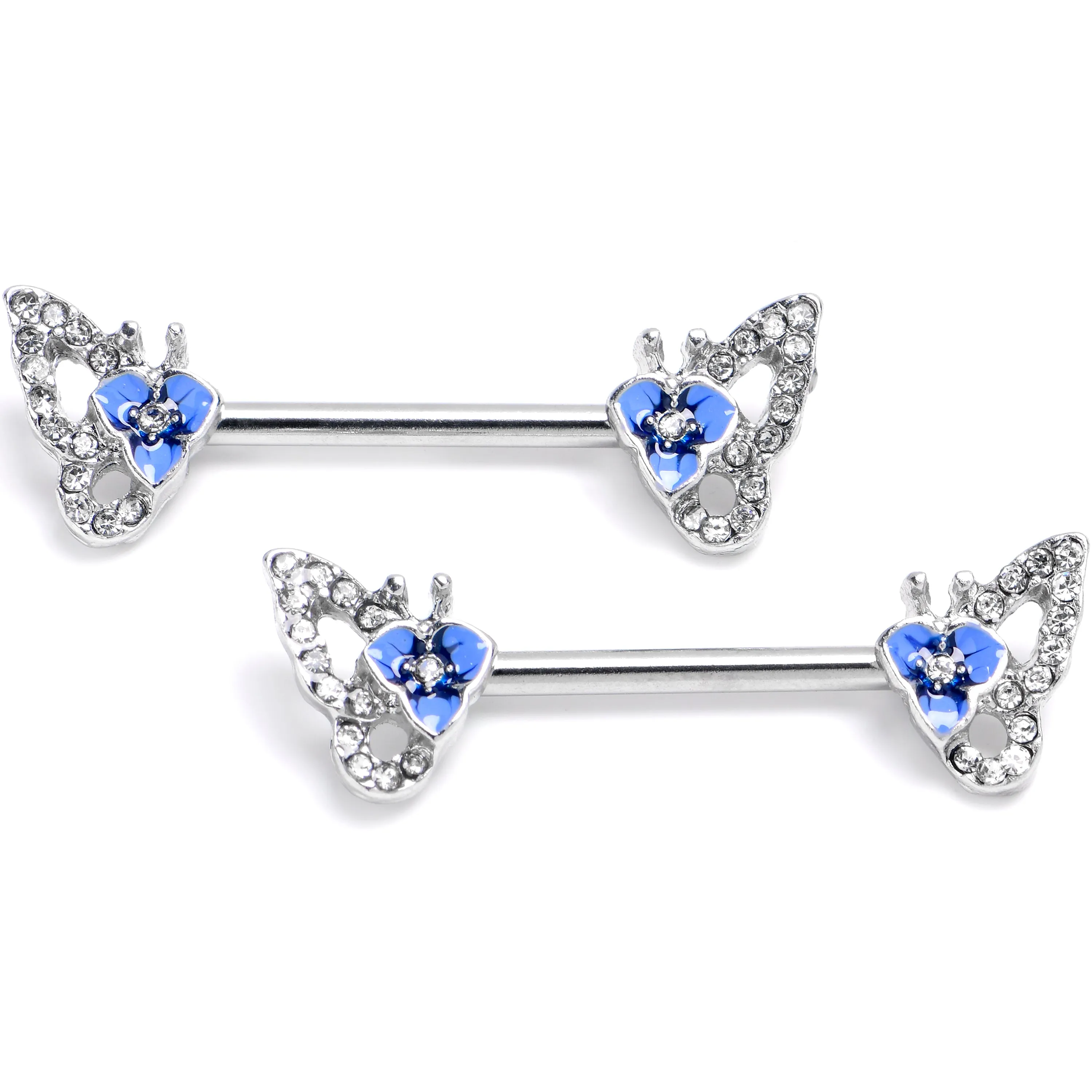 14 Gauge 9/16 Clear Gem Fabulous Butterfly Blue Barbell Nipple Ring Set