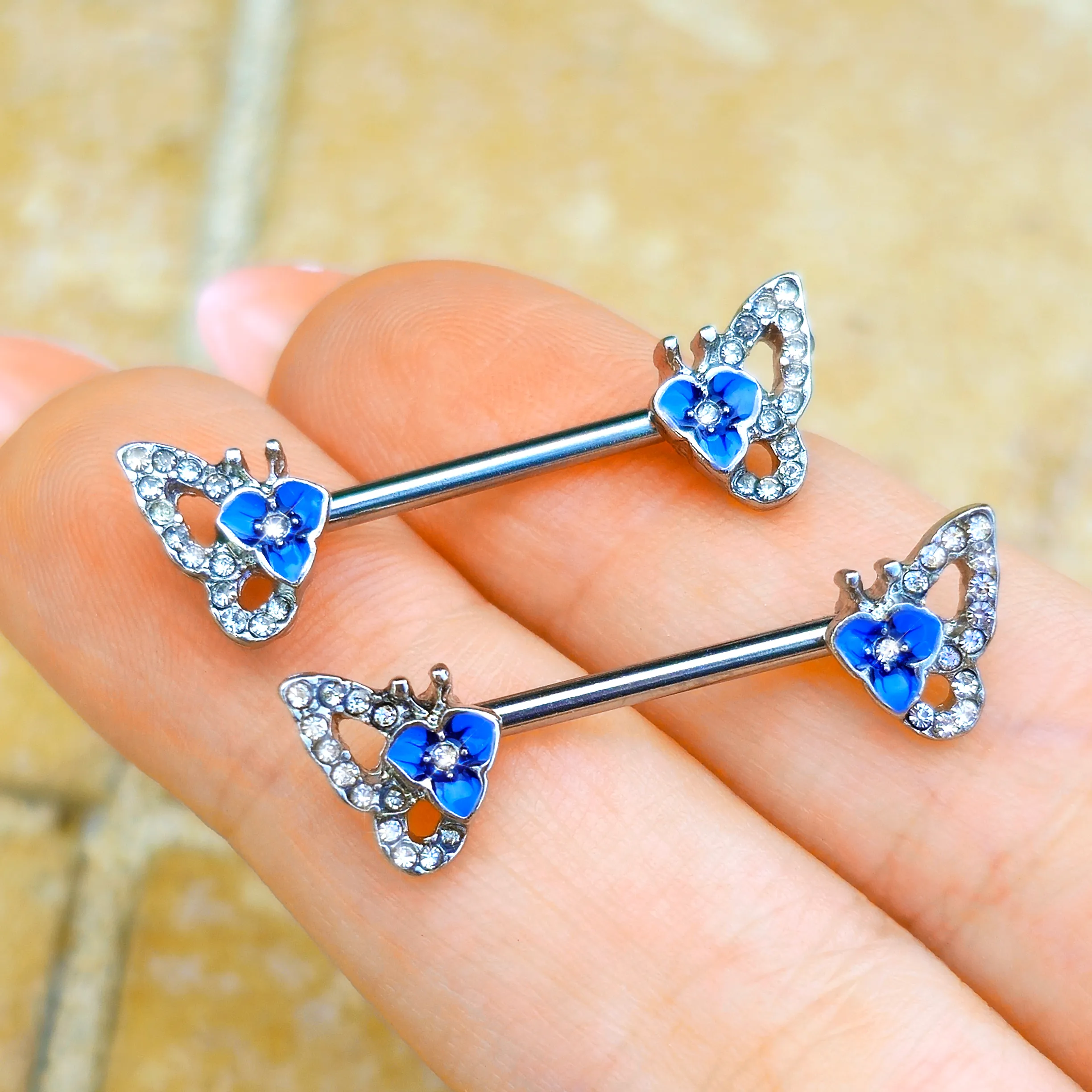 14 Gauge 9/16 Clear Gem Fabulous Butterfly Blue Barbell Nipple Ring Set
