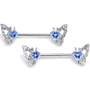 14 Gauge 9/16 Clear Gem Fabulous Butterfly Blue Barbell Nipple Ring Set