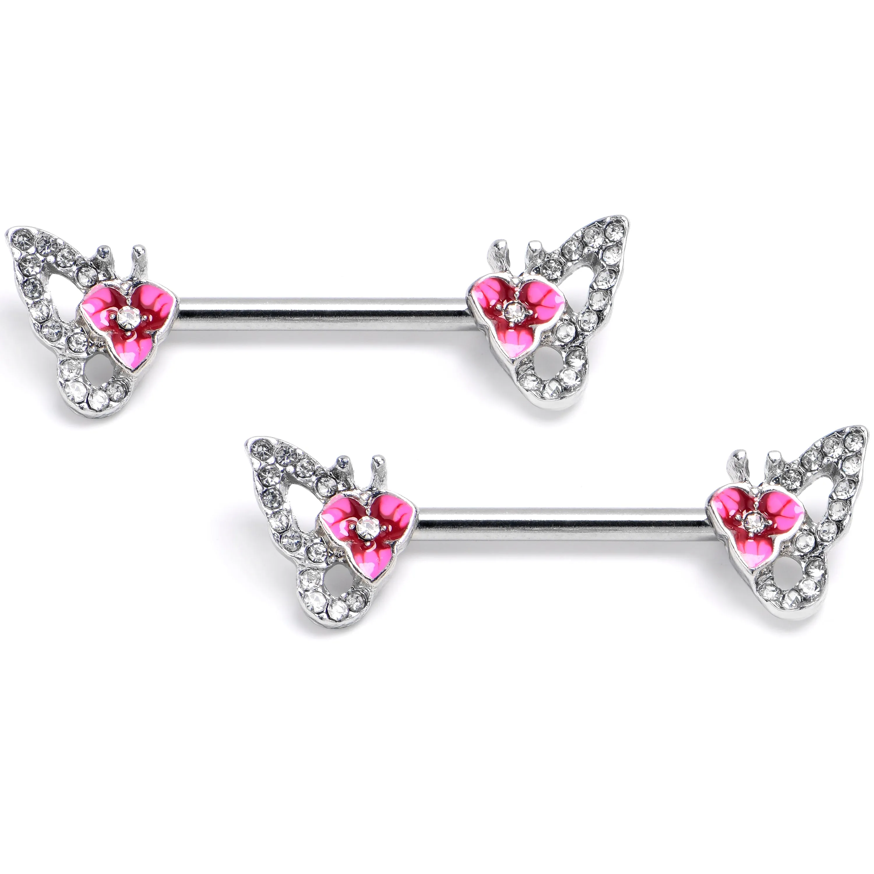 14 Gauge 9/16 Clear Gem Fabulous Butterfly Pink Barbell Nipple Ring Set