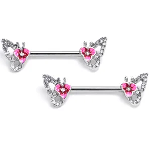 14 Gauge 9/16 Clear Gem Fabulous Butterfly Pink Barbell Nipple Ring Set