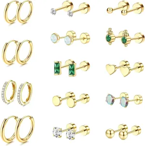 14 Pairs Gold Earrings Set,14k Gold Plated Surgical Steel Earrings,Suitable for Hoop Earrings Flat Back Stud Hypoallergenic Cartilage Earrings for Women Men Girls Helix Piercing Stud Jewelry