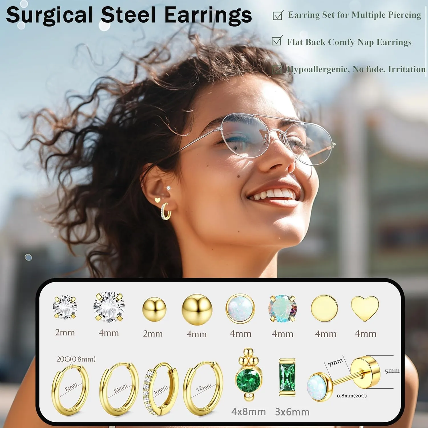 14 Pairs Gold Earrings Set,14k Gold Plated Surgical Steel Earrings,Suitable for Hoop Earrings Flat Back Stud Hypoallergenic Cartilage Earrings for Women Men Girls Helix Piercing Stud Jewelry
