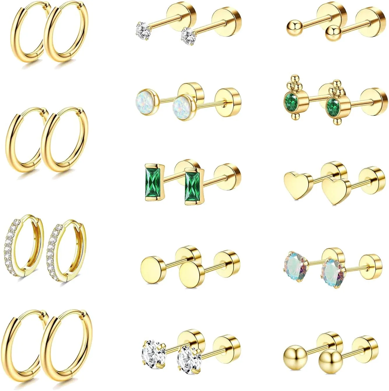 14 Pairs Gold Earrings Set,14k Gold Plated Surgical Steel Earrings,Suitable for Hoop Earrings Flat Back Stud Hypoallergenic Cartilage Earrings for Women Men Girls Helix Piercing Stud Jewelry