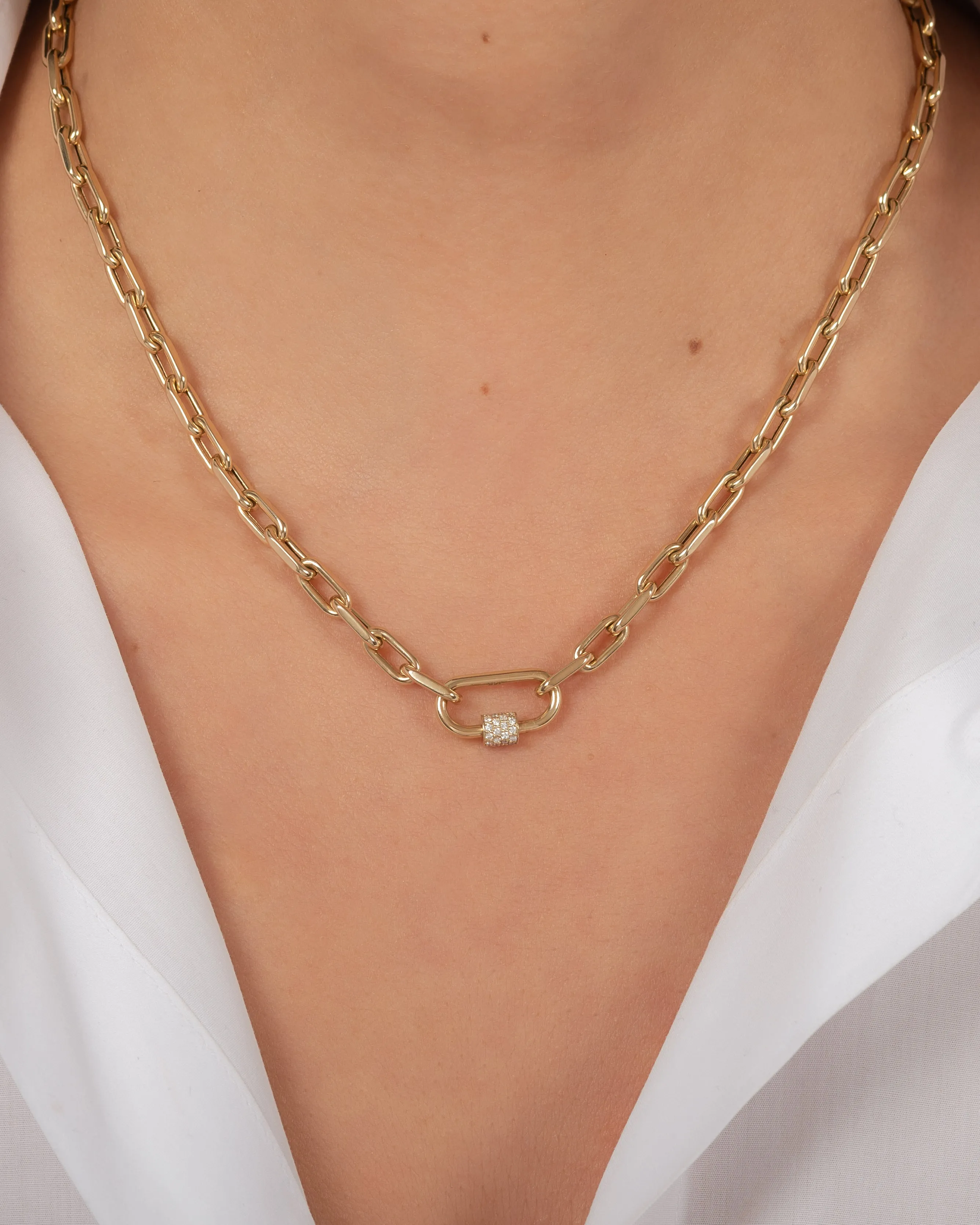 14k Gold Large Open Link Chain with Diamond Carabiner Necklace