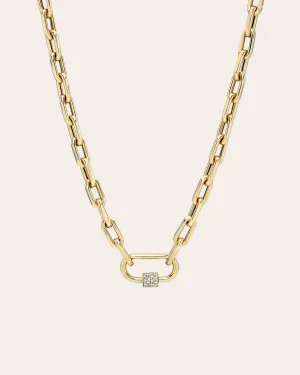 14k Gold Large Open Link Chain with Diamond Carabiner Necklace