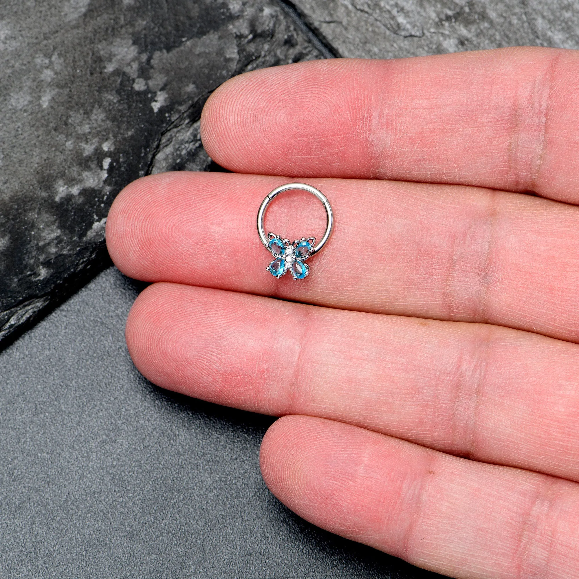 16 Gauge 3/8 Blue Gem Baroque Beauty Butterfly Hinged Segment Ring