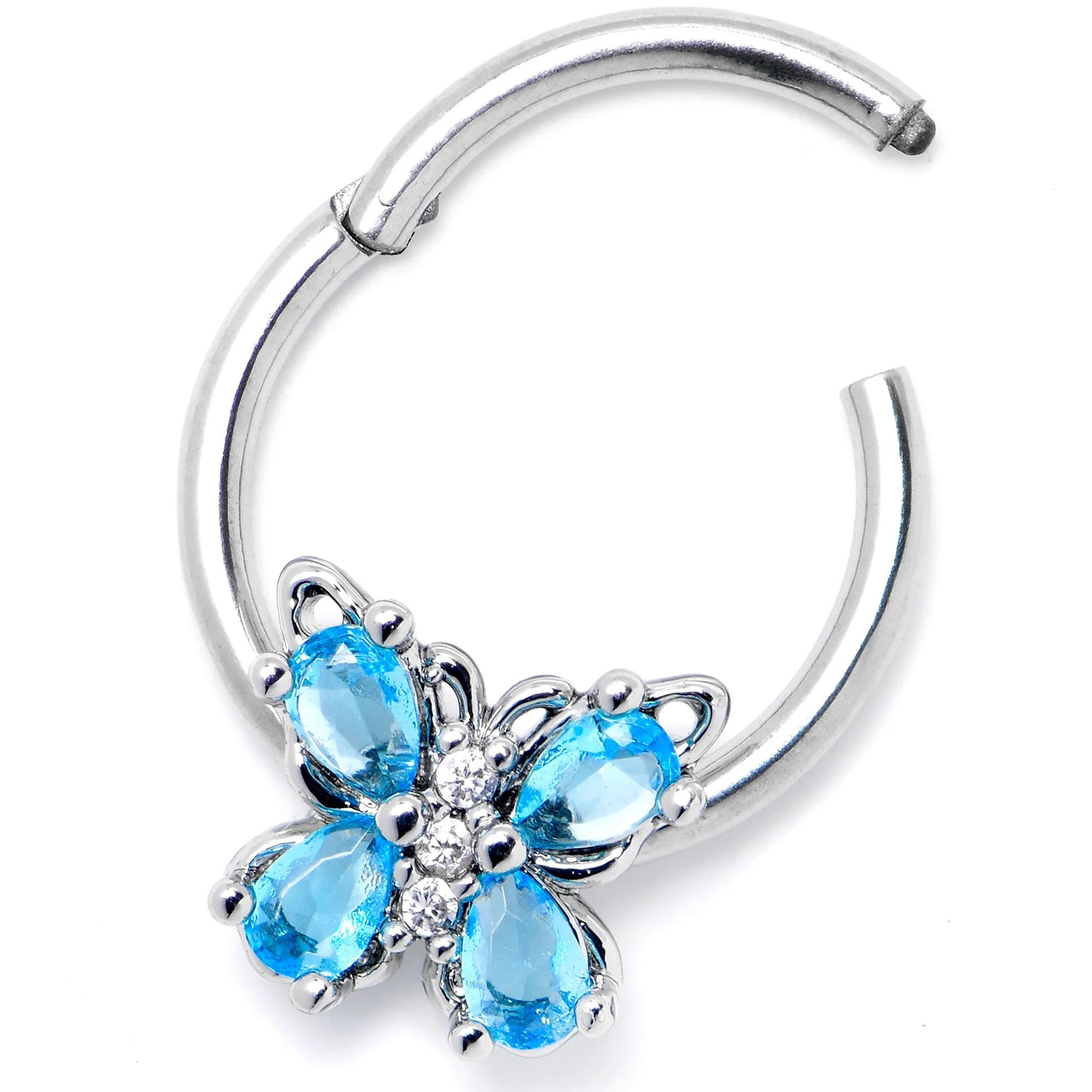 16 Gauge 3/8 Blue Gem Baroque Beauty Butterfly Hinged Segment Ring
