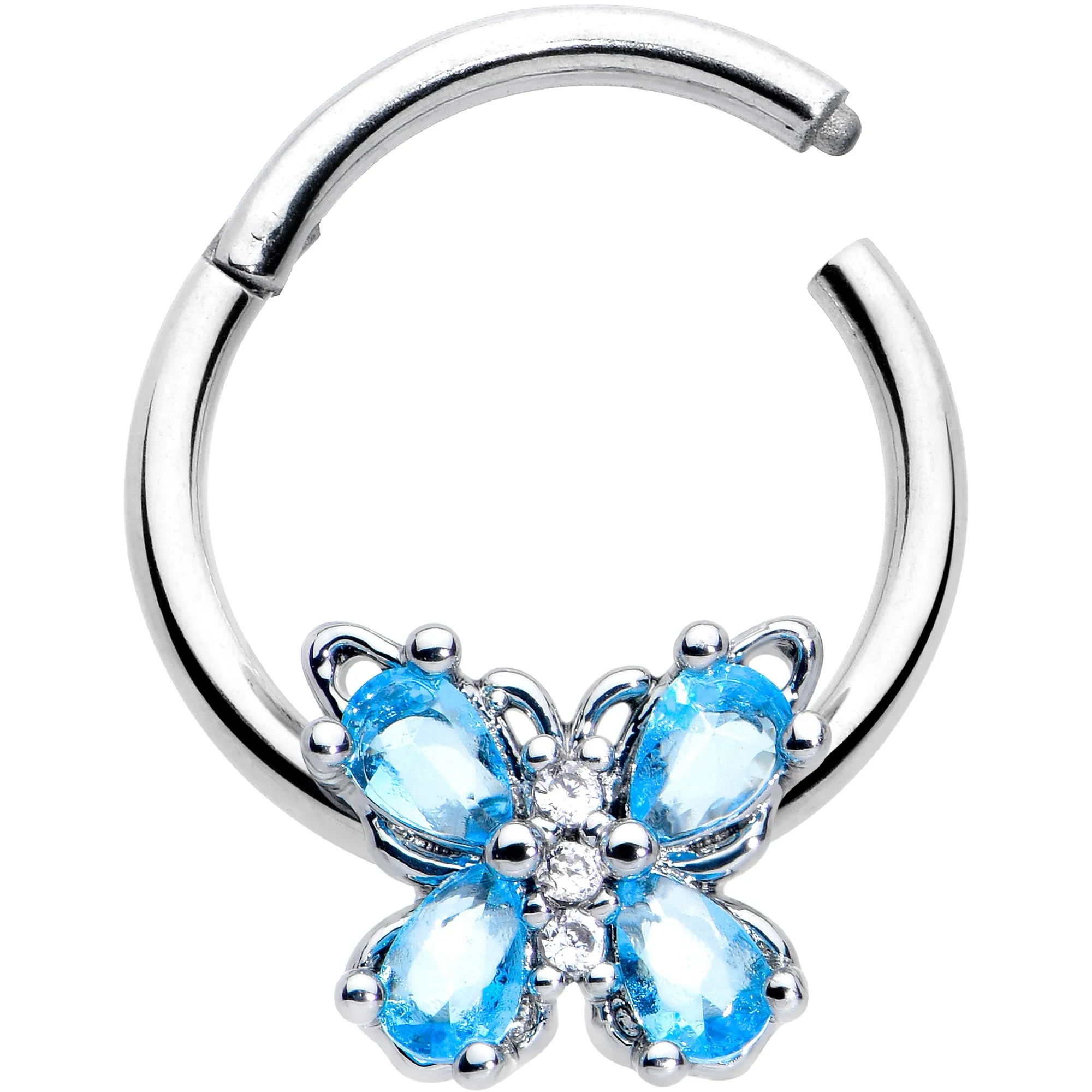 16 Gauge 3/8 Blue Gem Baroque Beauty Butterfly Hinged Segment Ring