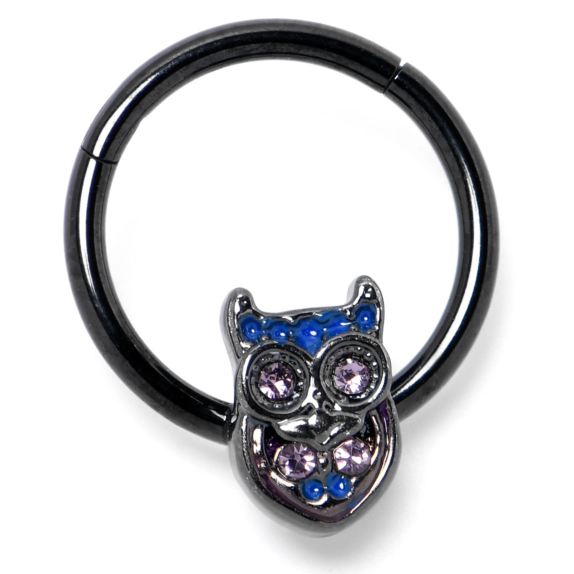 16 Gauge 3/8 Purple Gem Black Opulent Owl Hinged Segment Ring