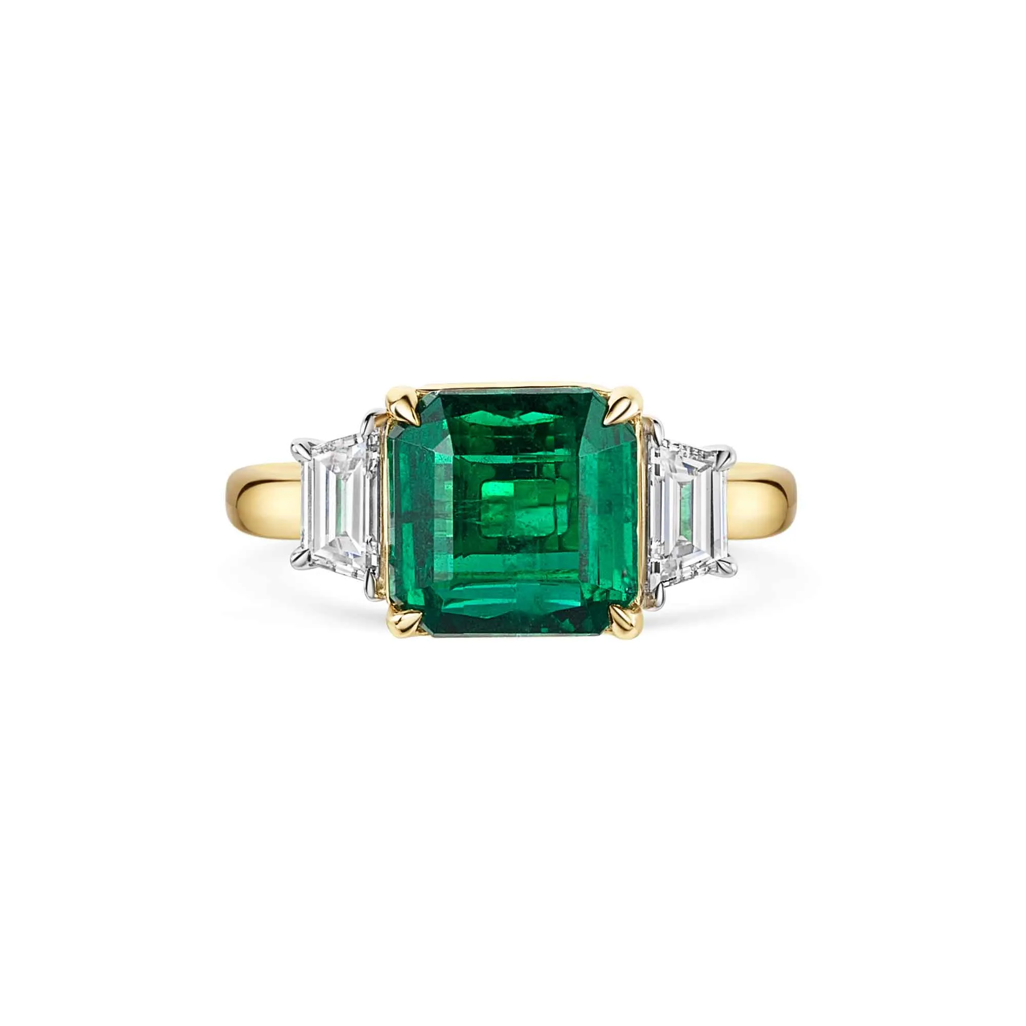 18ct Yellow & White Gold Square-Cut Emerald & Trapezoid-Cut Diamond Three Stone Ring 3.81ct