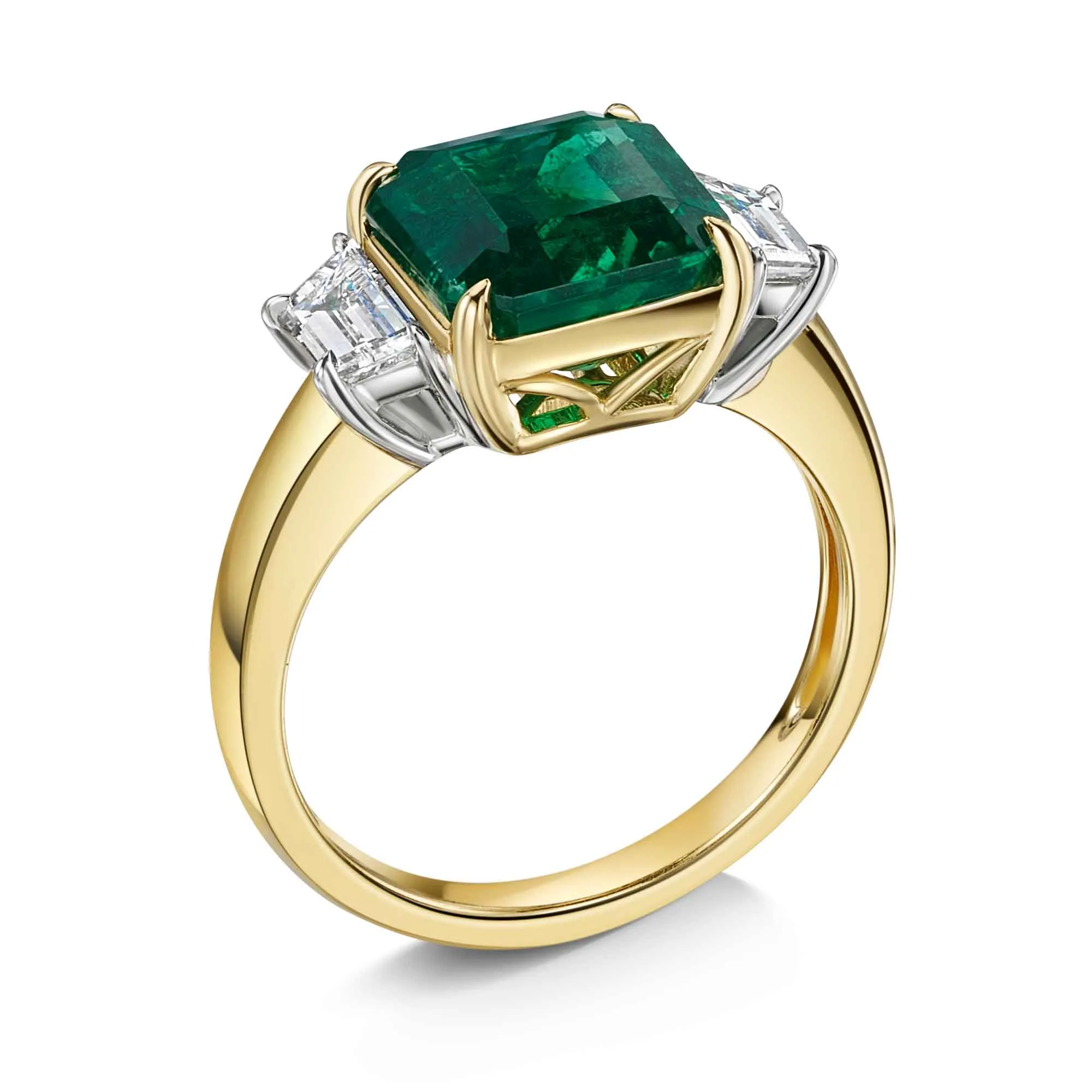 18ct Yellow & White Gold Square-Cut Emerald & Trapezoid-Cut Diamond Three Stone Ring 3.81ct