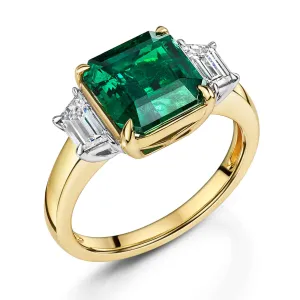 18ct Yellow & White Gold Square-Cut Emerald & Trapezoid-Cut Diamond Three Stone Ring 3.81ct