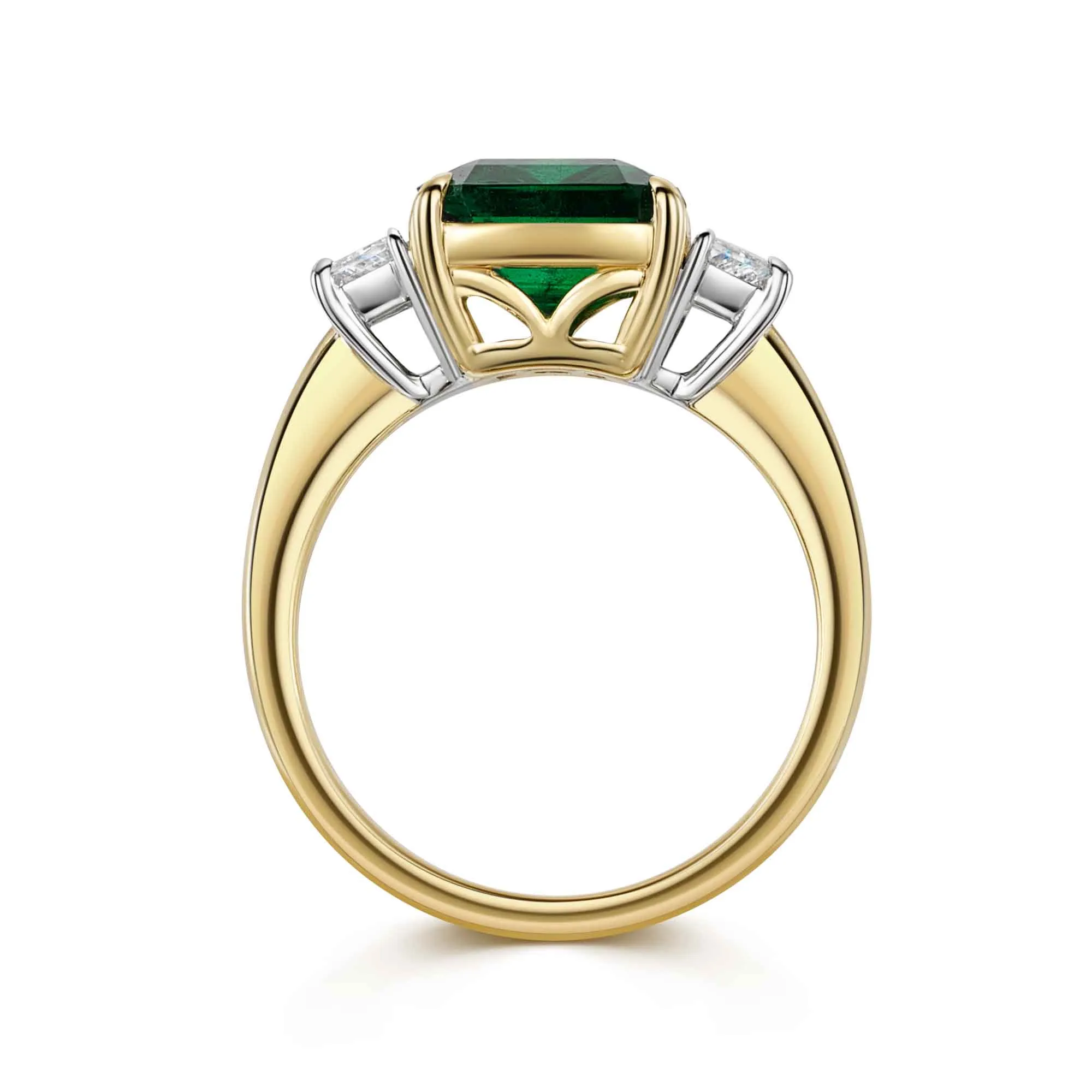 18ct Yellow & White Gold Square-Cut Emerald & Trapezoid-Cut Diamond Three Stone Ring 3.81ct