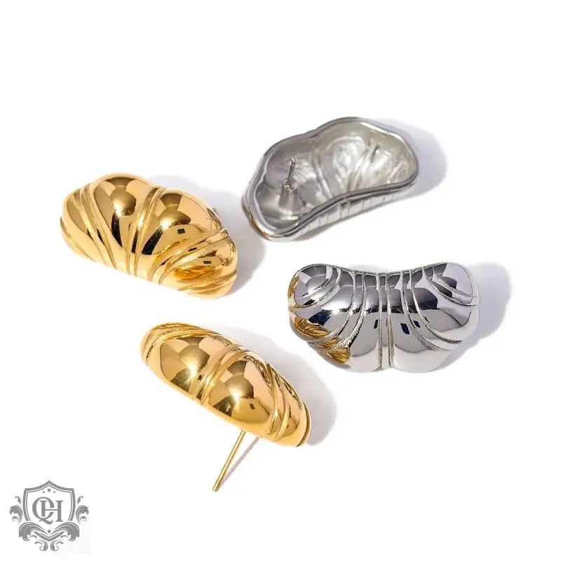 18k gold stylish simple chubby croissant texture design versatile earrings