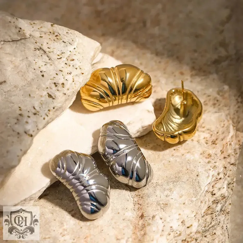 18k gold stylish simple chubby croissant texture design versatile earrings