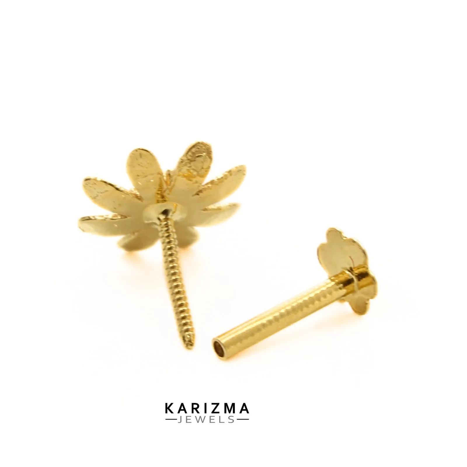 18K Real Solid Gold floral Tow in One Nose pin cum Earring Gold Screw Back