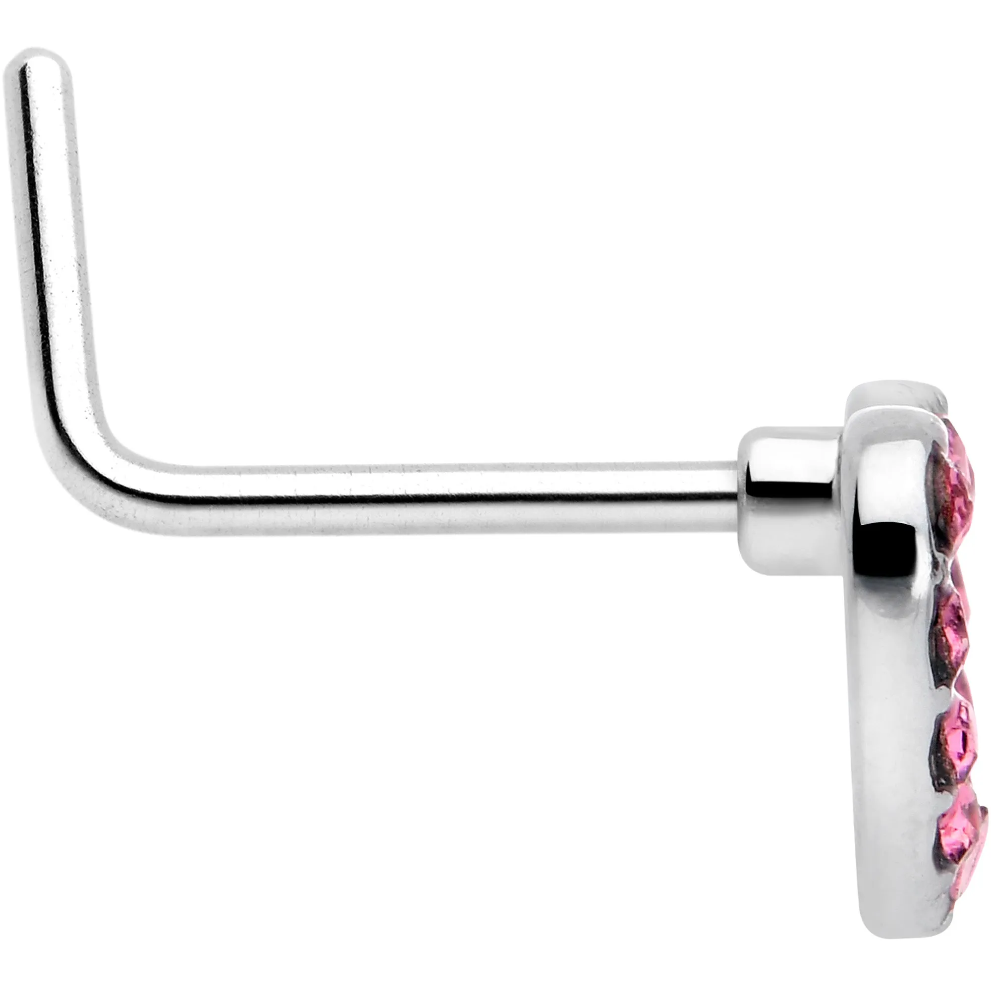 20 Gauge 7mm Pink Gem Hollow Paved Heart L Shape Nose Ring