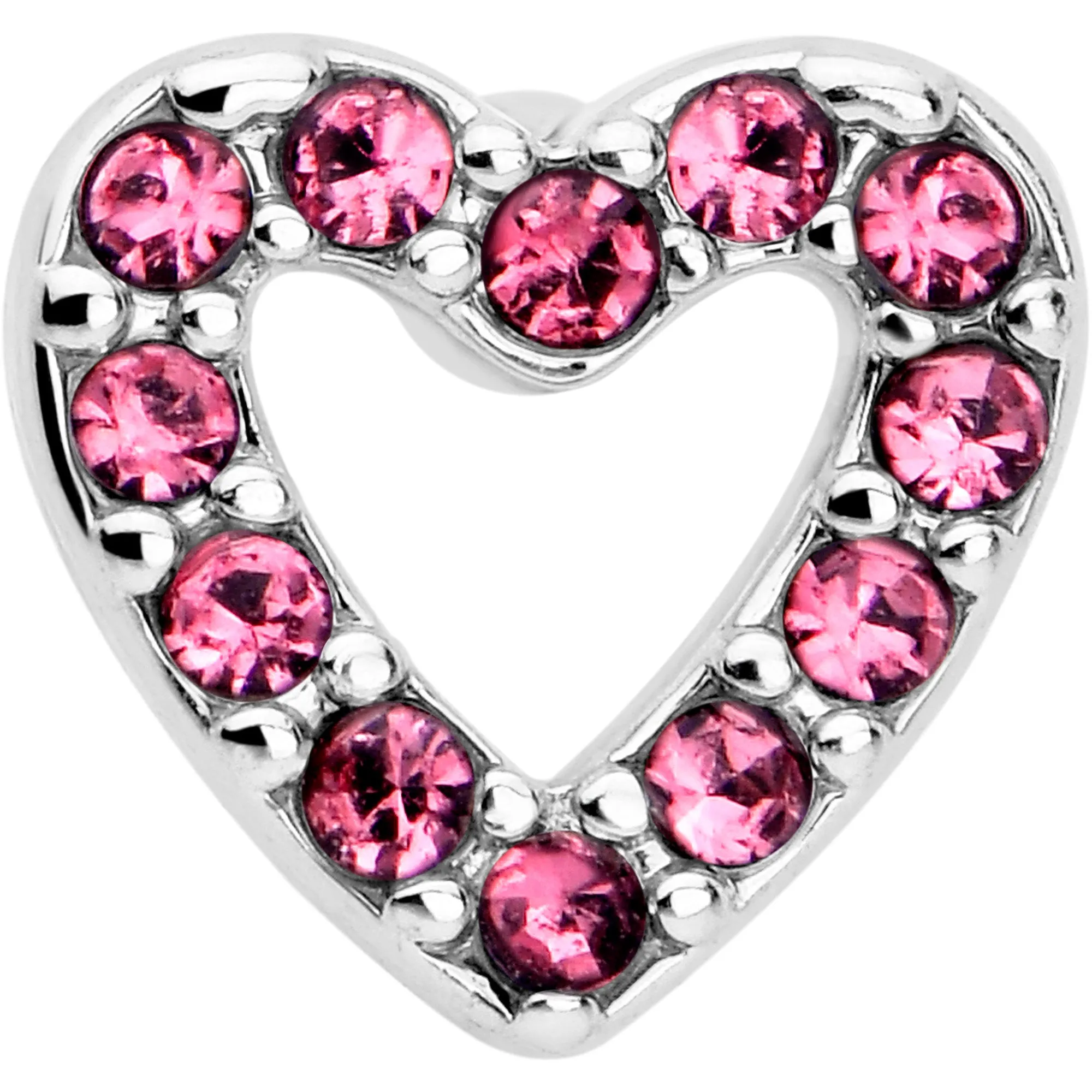 20 Gauge 7mm Pink Gem Hollow Paved Heart L Shape Nose Ring
