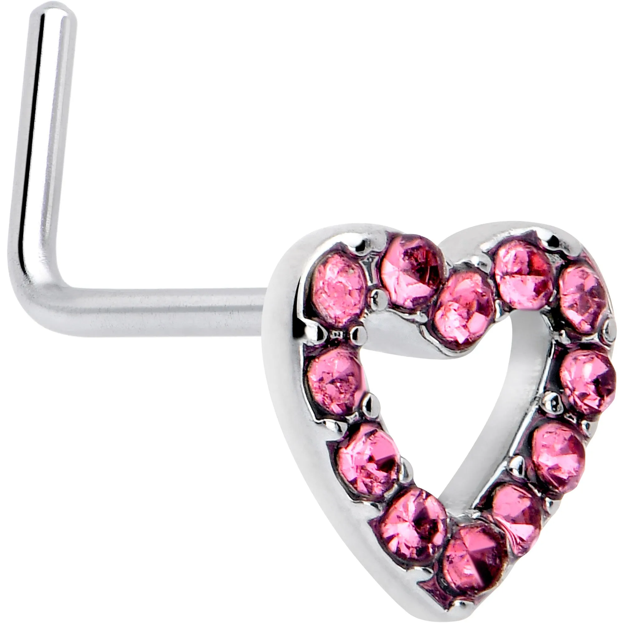 20 Gauge 7mm Pink Gem Hollow Paved Heart L Shape Nose Ring