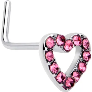 20 Gauge 7mm Pink Gem Hollow Paved Heart L Shape Nose Ring