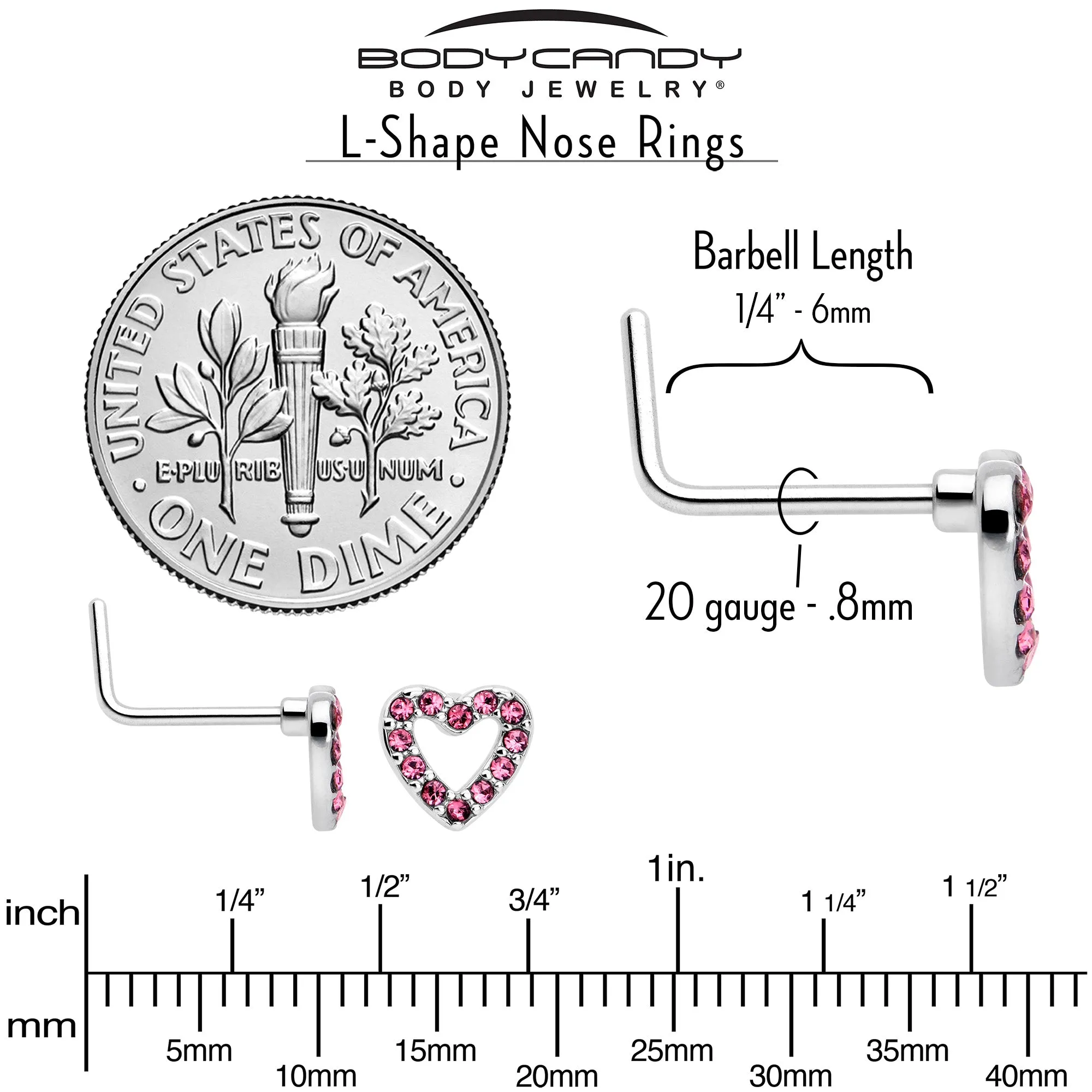 20 Gauge 7mm Pink Gem Hollow Paved Heart L Shape Nose Ring