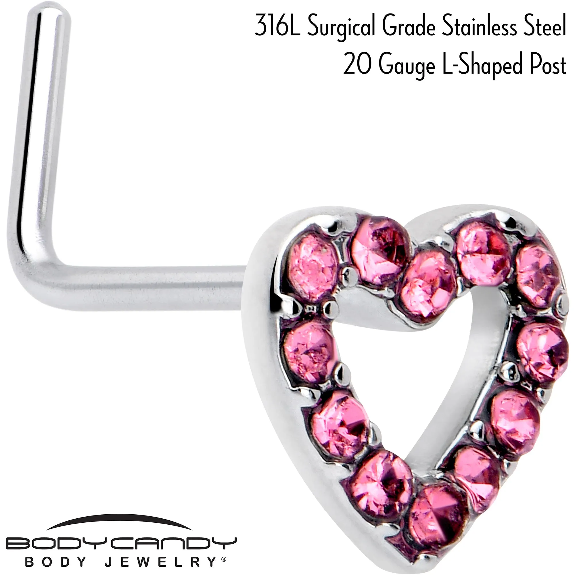 20 Gauge 7mm Pink Gem Hollow Paved Heart L Shape Nose Ring