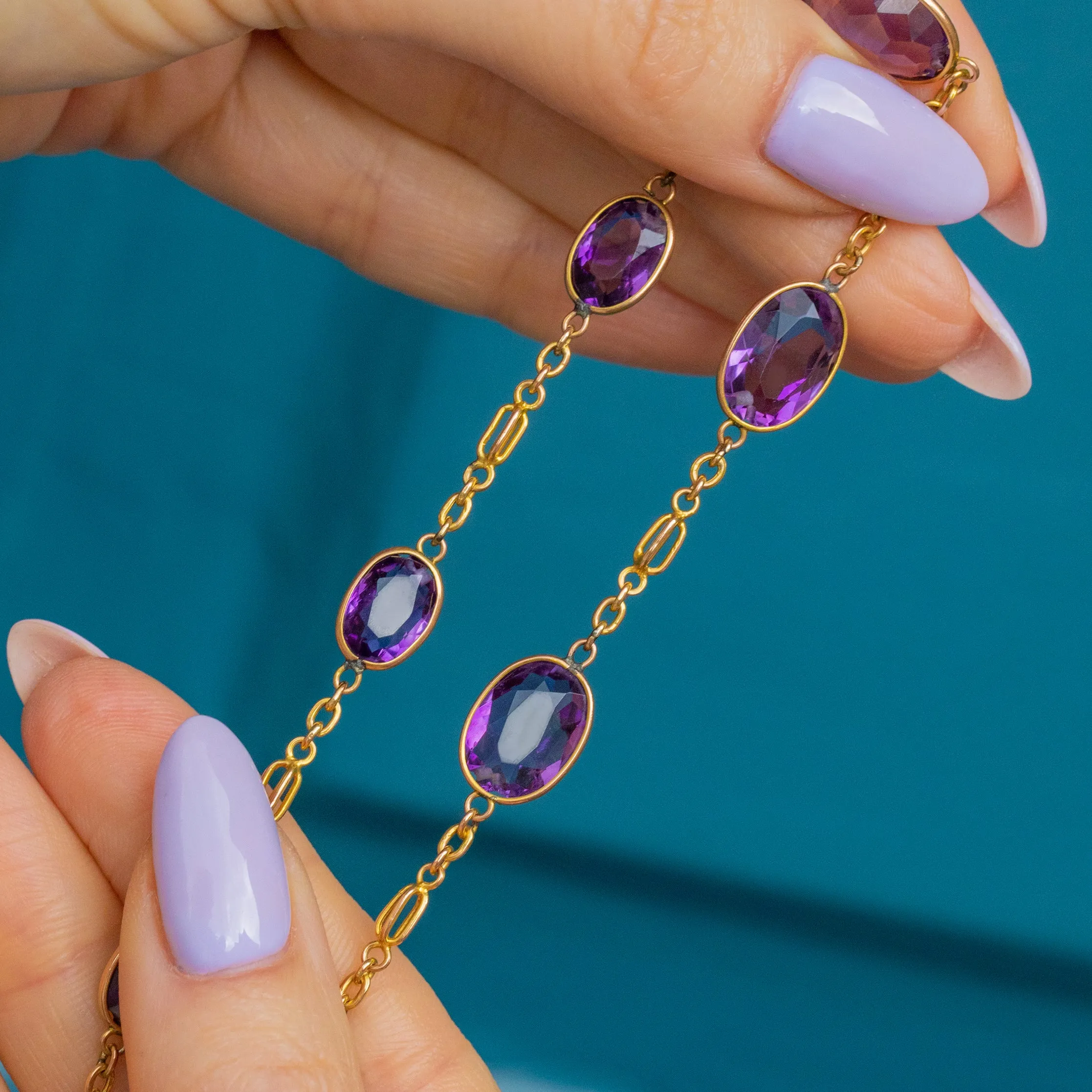 20” Victorian 9ct Gold Amethyst Chain, Dog-Clip Clasp