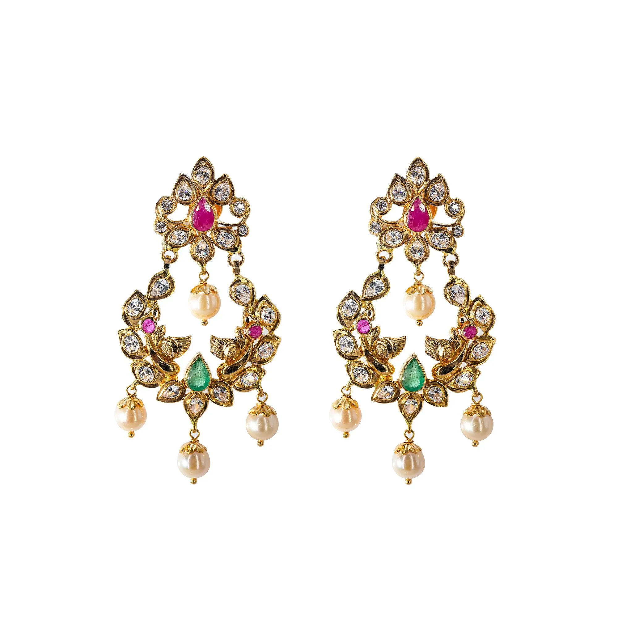 22K Yellow Gold Chandelier Necklace & Earrings Set W/ Emeralds, Rubies, Pachi CZ & Pearls