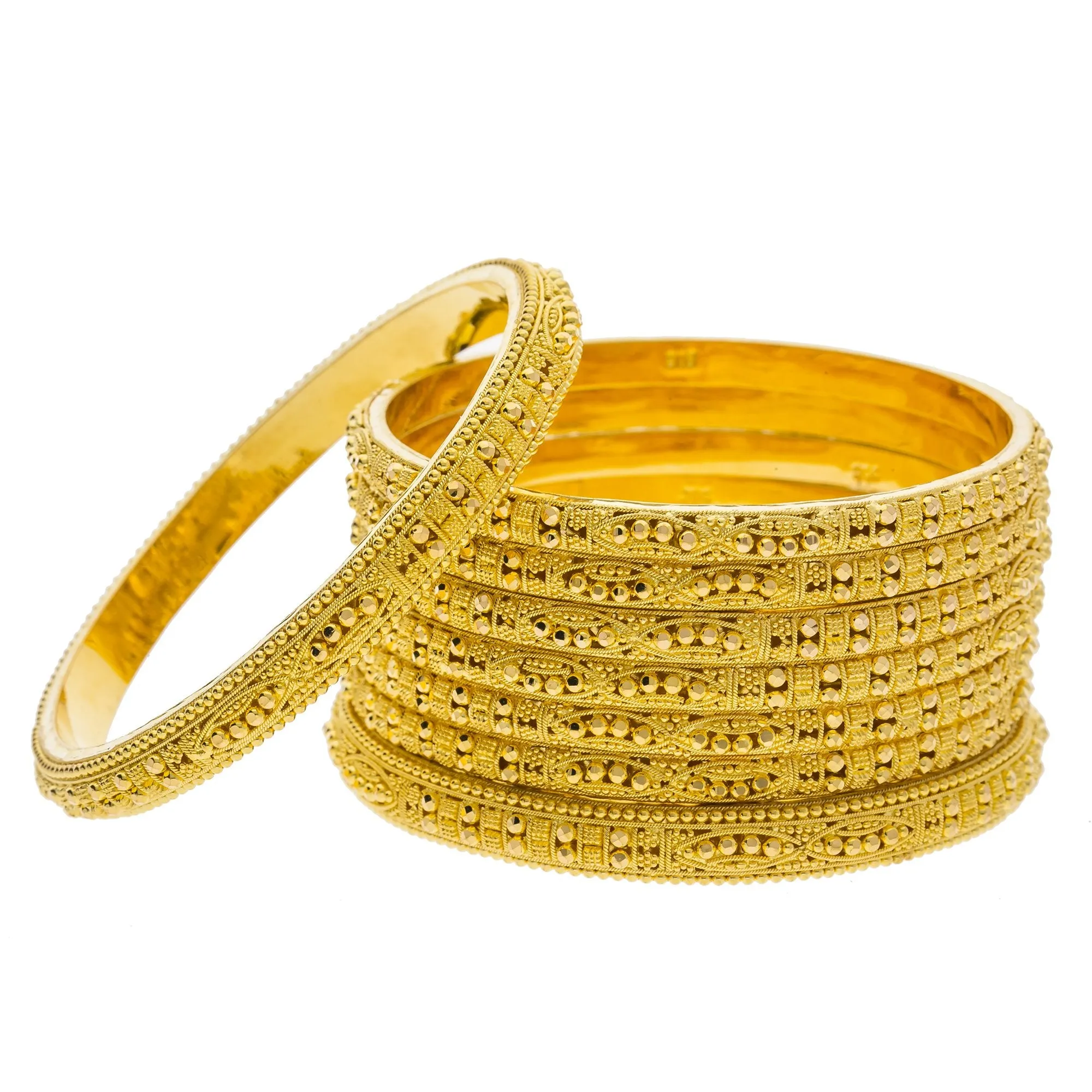 22K Yellow Gold Domed Bangles Set of 8 W/ Pronounced Gold Ball Design