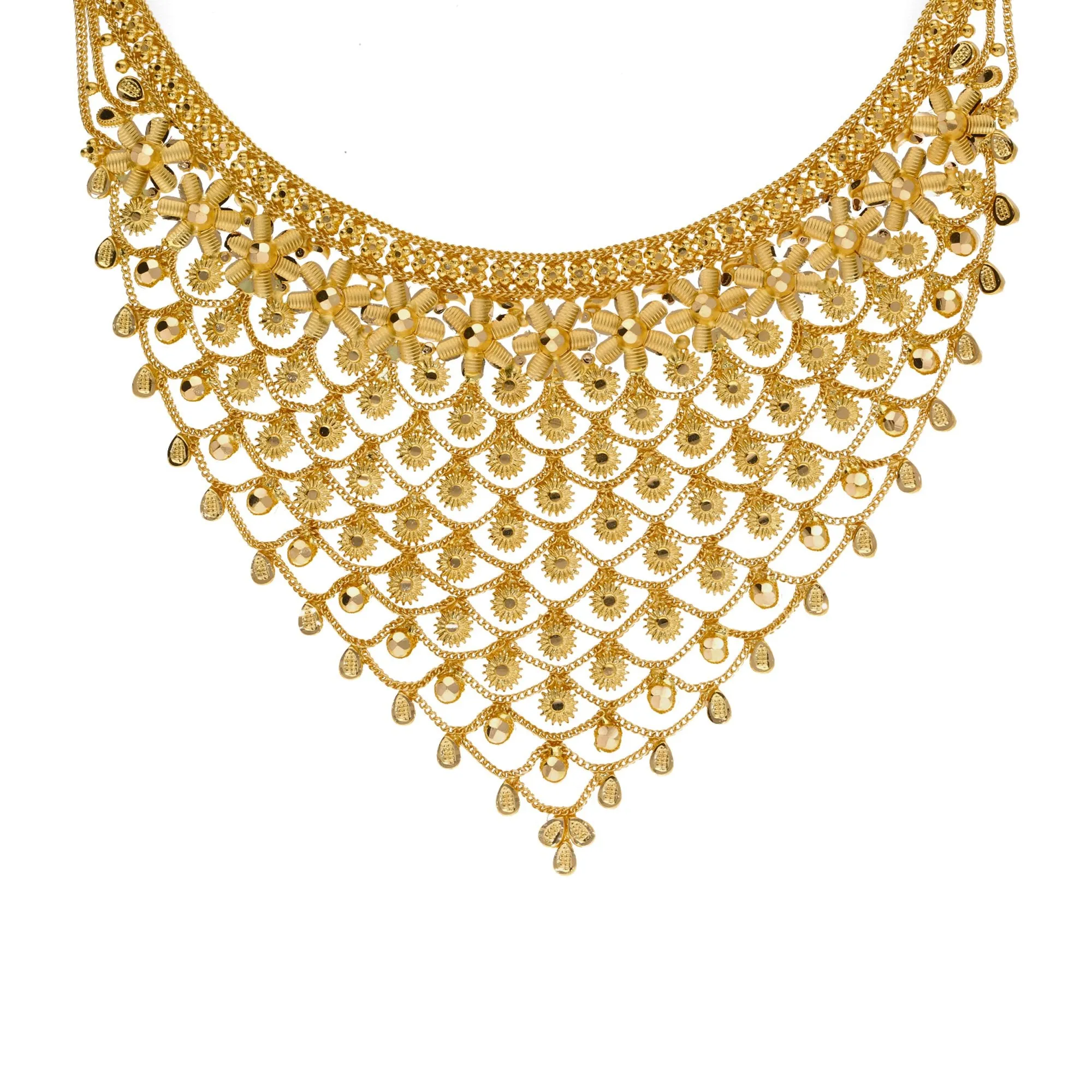 22K Yellow Gold Necklace & Earrings Set W/ Floral Chainmail Design