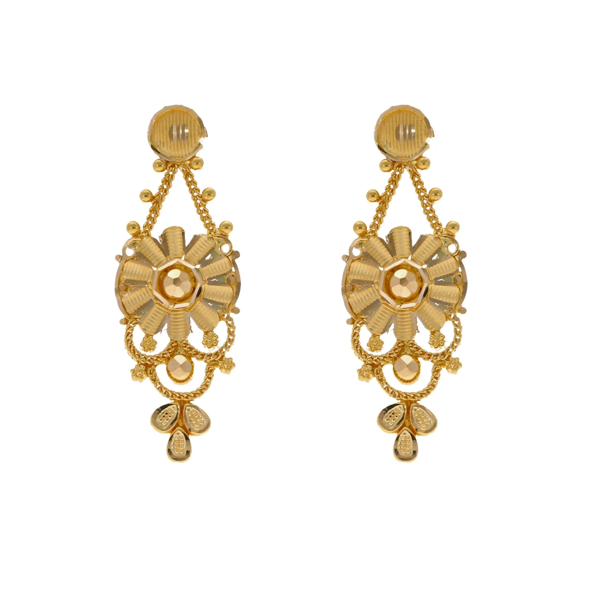 22K Yellow Gold Necklace & Earrings Set W/ Floral Chainmail Design