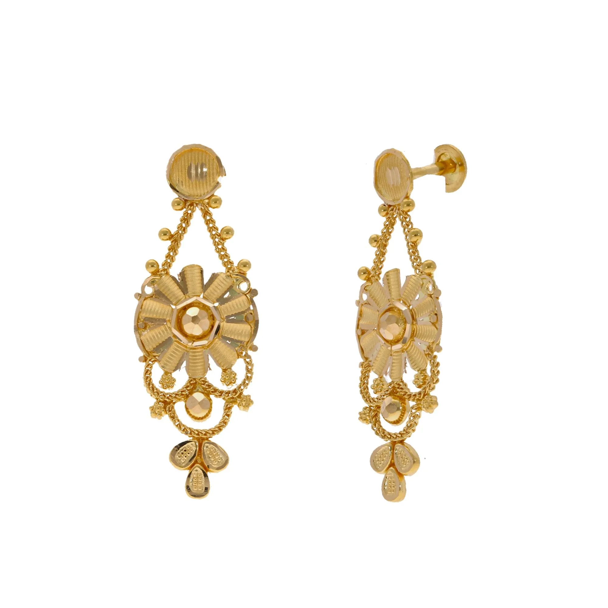 22K Yellow Gold Necklace & Earrings Set W/ Floral Chainmail Design
