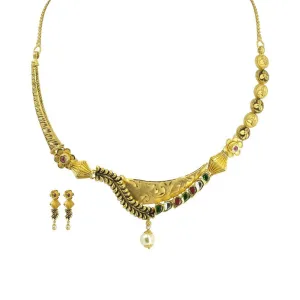 22K Yellow Gold Necklace & Earrings Set W/ Kundan & Hanging Pearl on Asymmetrical Drop Collar