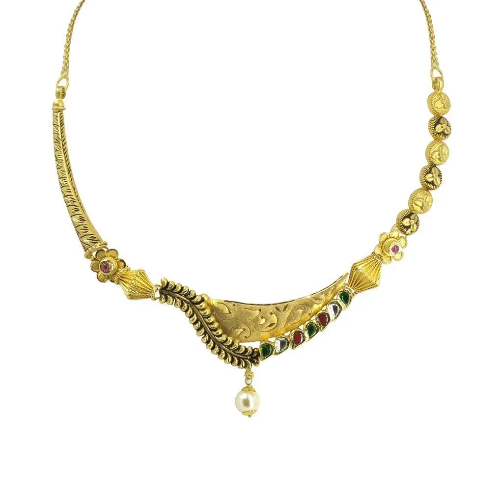 22K Yellow Gold Necklace & Earrings Set W/ Kundan & Hanging Pearl on Asymmetrical Drop Collar