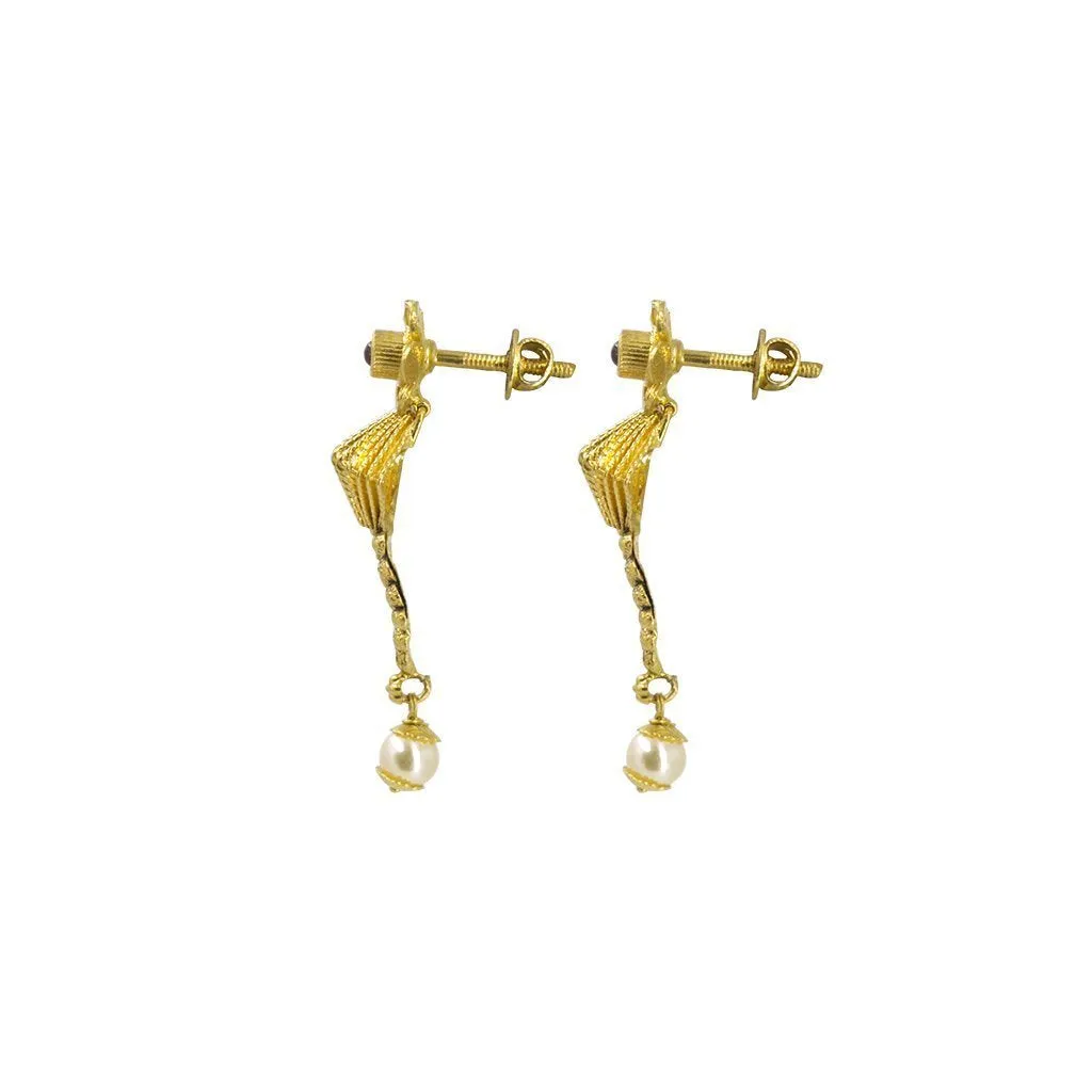 22K Yellow Gold Necklace & Earrings Set W/ Kundan & Hanging Pearl on Asymmetrical Drop Collar