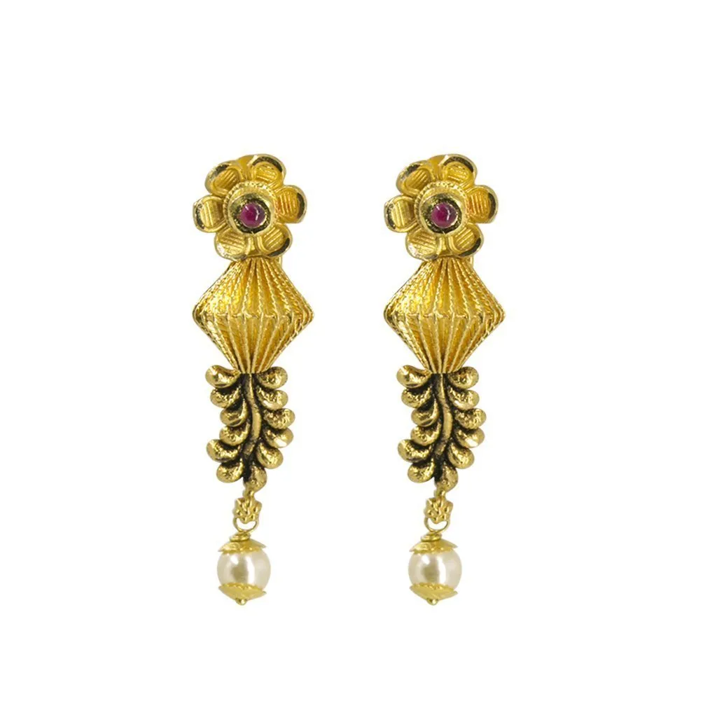 22K Yellow Gold Necklace & Earrings Set W/ Kundan & Hanging Pearl on Asymmetrical Drop Collar