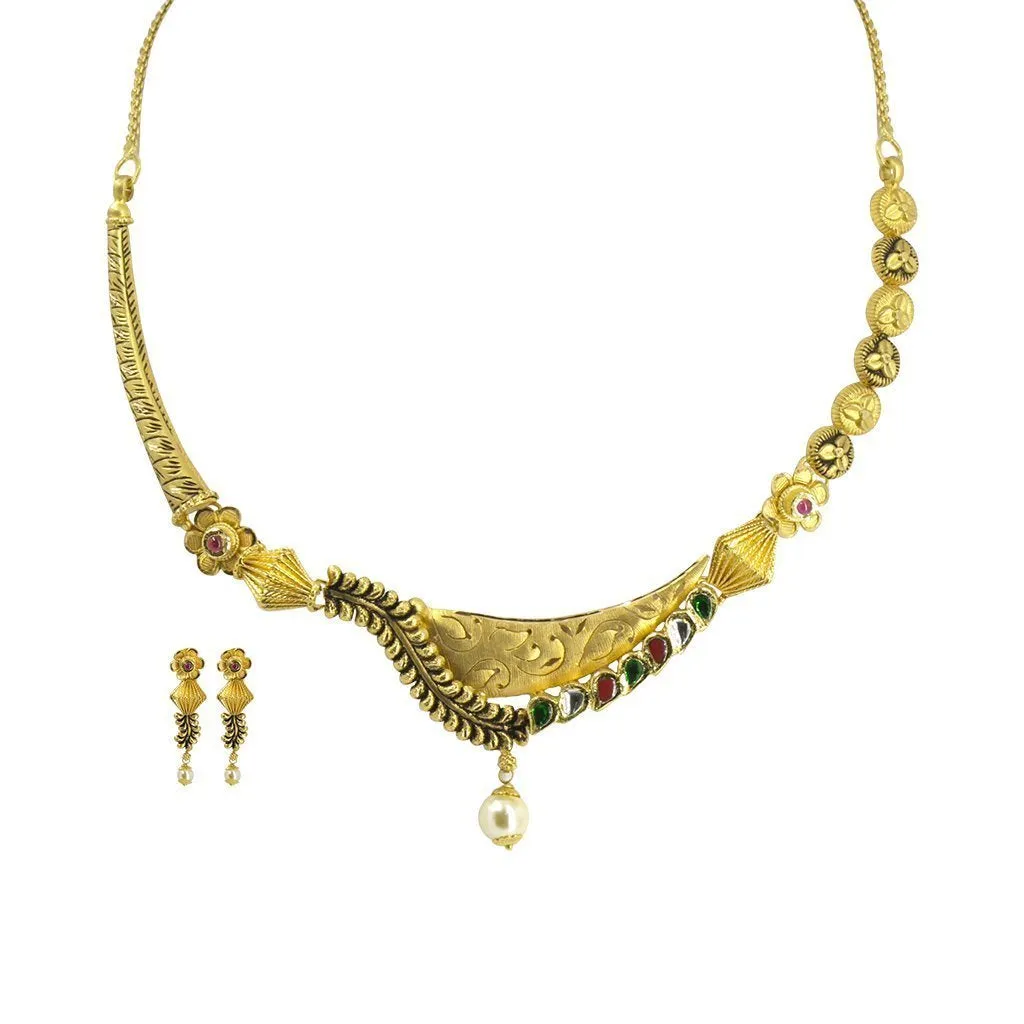 22K Yellow Gold Necklace & Earrings Set W/ Kundan & Hanging Pearl on Asymmetrical Drop Collar