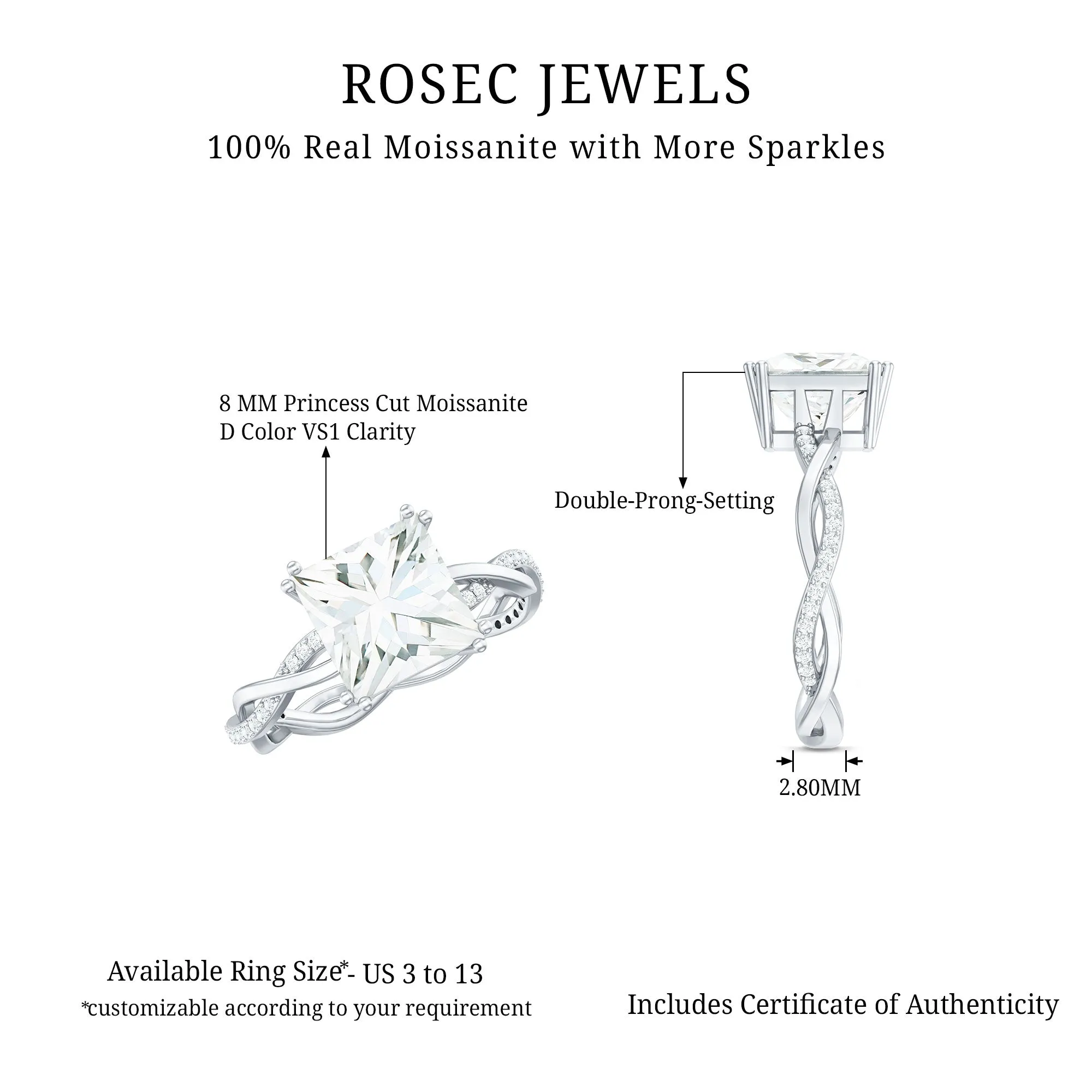 3 CT Princess Cut Solitaire Moissanite Braided Ring in Double Prong Setting