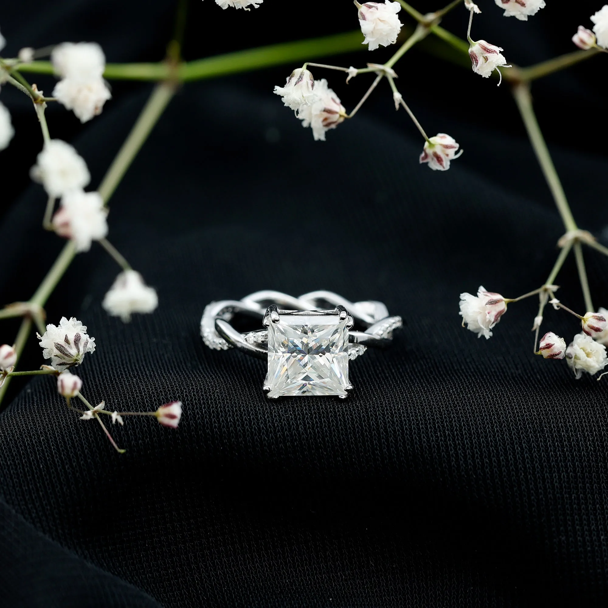 3 CT Princess Cut Solitaire Moissanite Braided Ring in Double Prong Setting