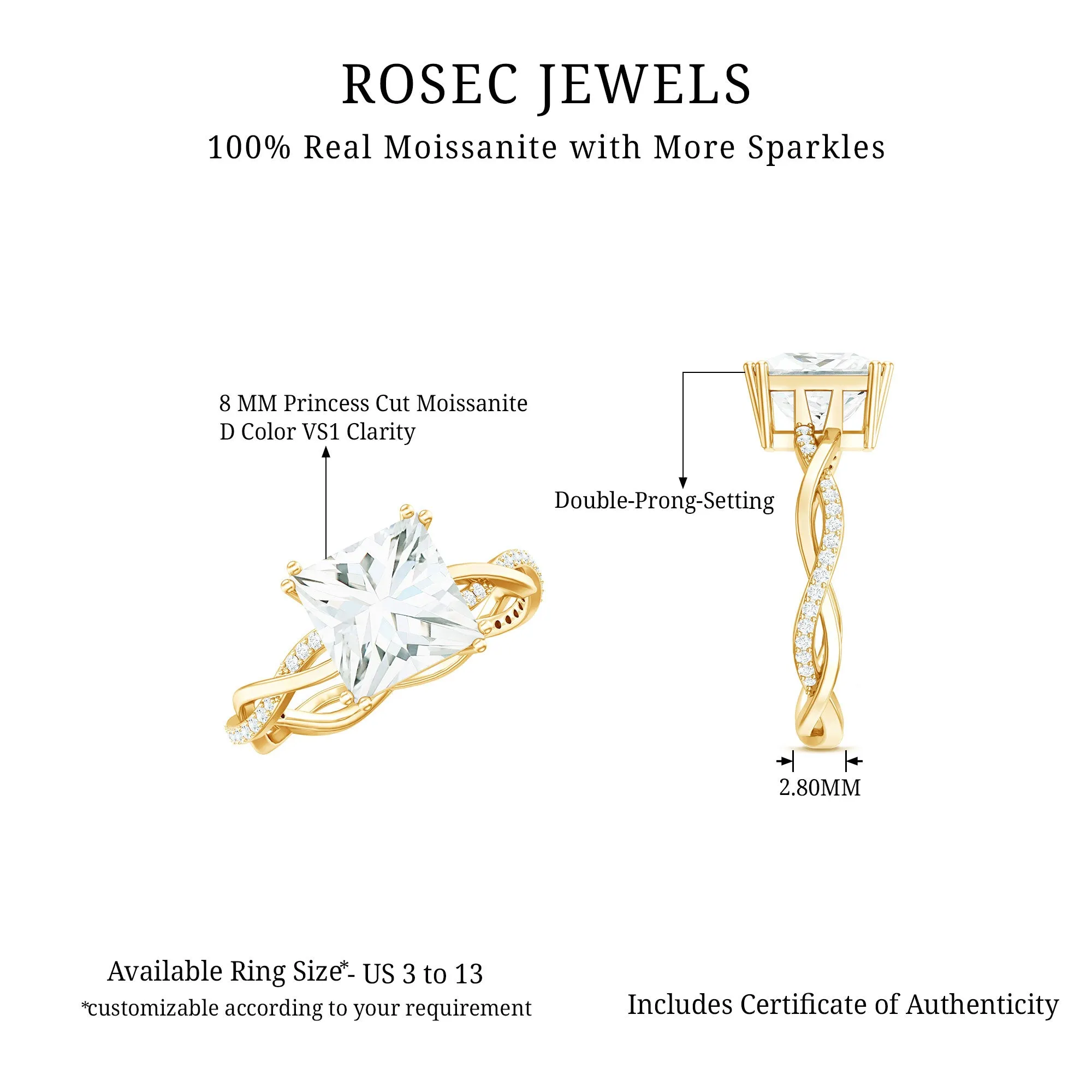 3 CT Princess Cut Solitaire Moissanite Braided Ring in Double Prong Setting