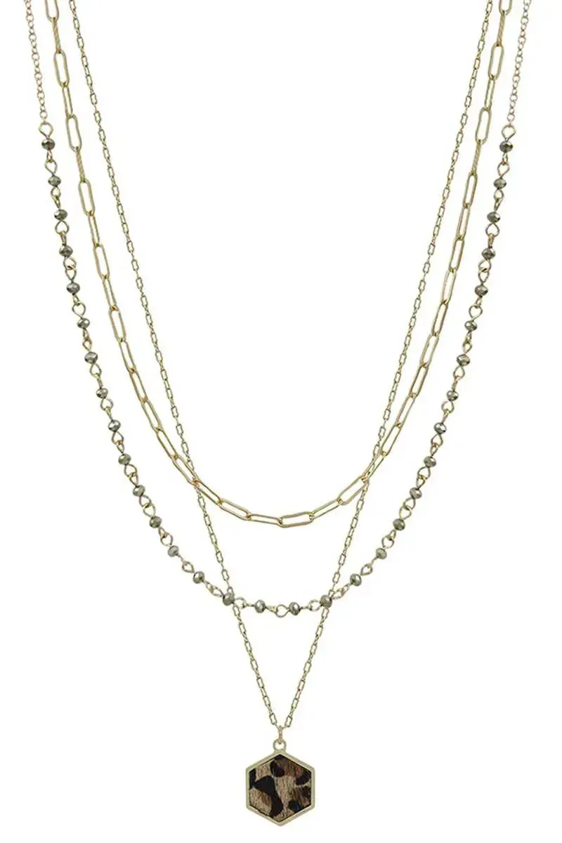 3 Layered Metal Crystal Bead Chain Hexagon Leopard Pendant Necklace