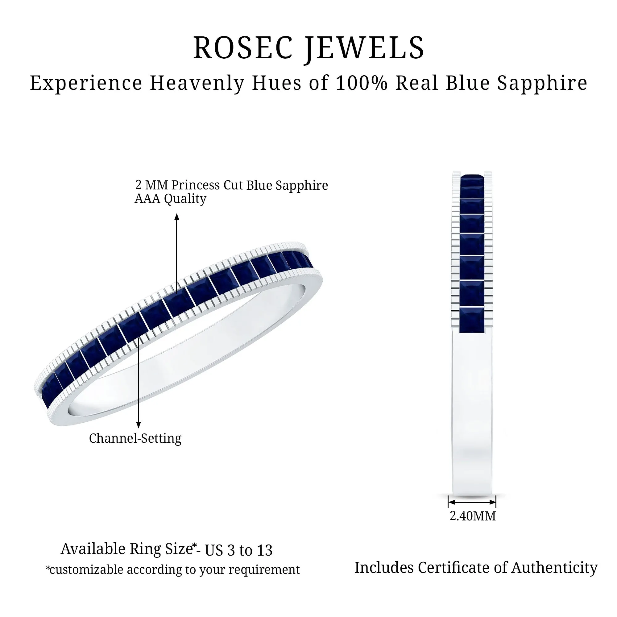 3/4 CT Blue Sapphire Half Eternity Band Ring in Channel Setting