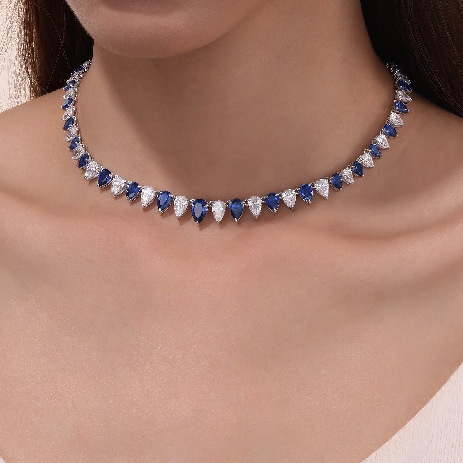 38 CTW Fancy Lab-Grown Sapphire Tennis Choker Necklace